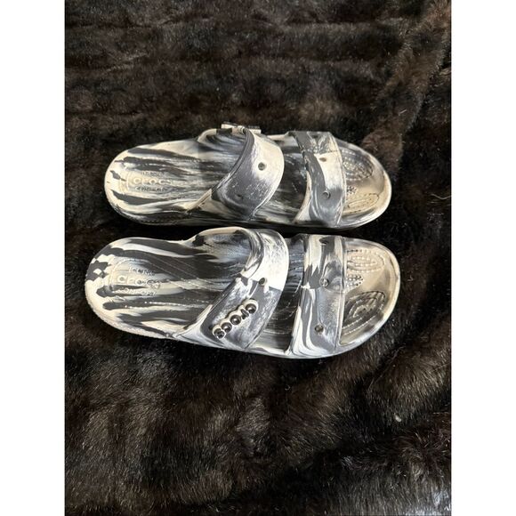 CROCS Women’s Black & White Comfort Marble 2 Strap Slides Sandals Size 9 Tie Dye - Picture 1 of 4